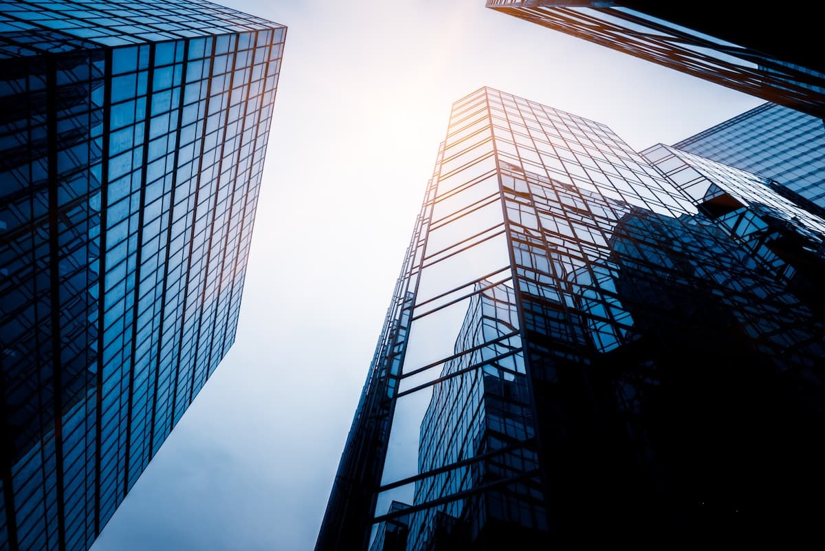 Low angle view of skyscrapers.