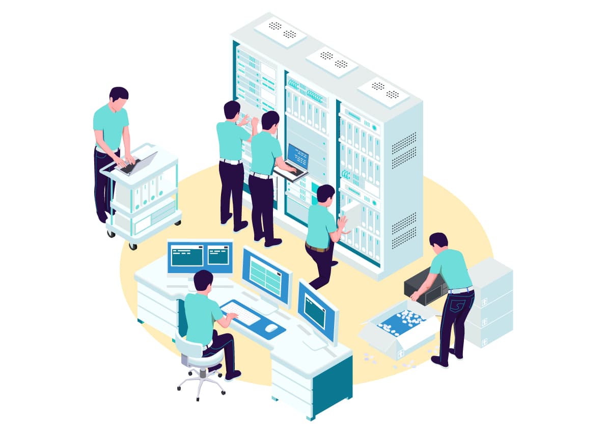 Vector image of 6 IT empolyees working in a data center. Vector image of 6 IT empolyees working in a data center.