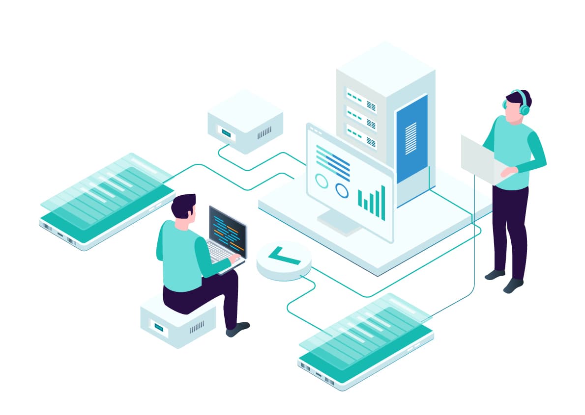 Vector image of 2 employees working on system integration. Vector image of 2 employees working on system integration.
